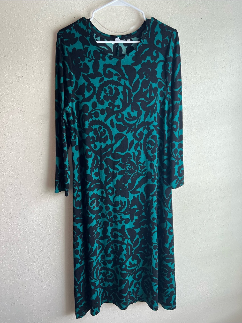 Chico's Teal and Black Floral-Print Long Sleeve Dress